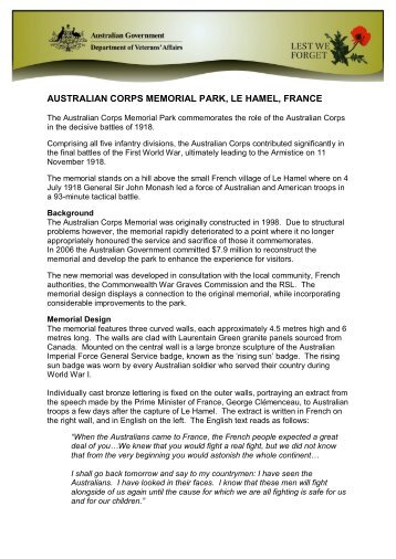 AUSTRALIAN CORPS MEMORIAL PARK, LE HAMEL, FRANCE