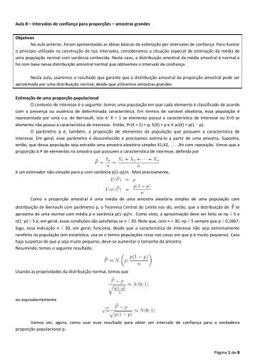 Página 1 de 8 Aula 8 – Intervalos de confiança para proporções ...