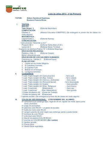 Lista de útiles 2013 - 3° de Primaria - humtec