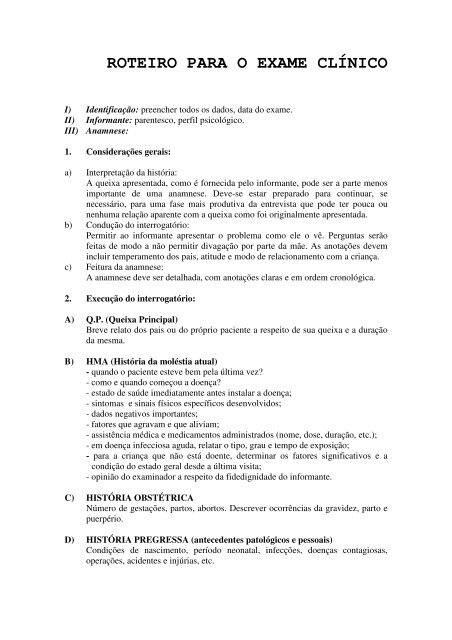 7º Aula Anamnese - Exame Clinico - MÓDULO: CLÍNICA INFANTIL PREVENTIVA E  RESTAURADORA ROTEIRO AULA - Studocu