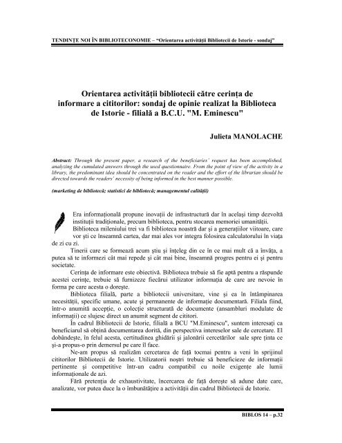 Orientarea activitatii bibliotecii catre cerinta de informare a