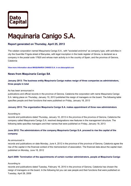 View a PDF summary for Maquinaria Canigo SA - Dato Capital