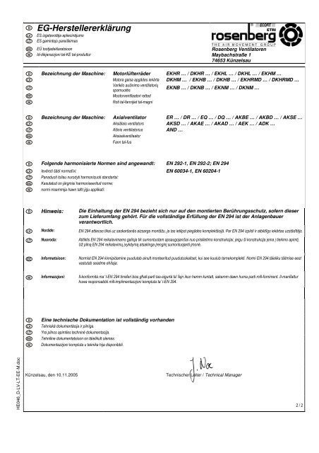 EG-Herstellererklärung - Rosenberg Ventilatoren GmbH