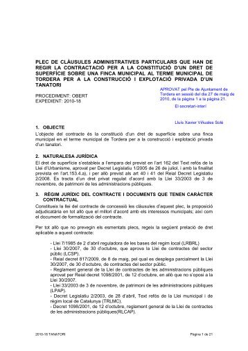 Plecs clausules Tanatori - Ajuntament de Tordera
