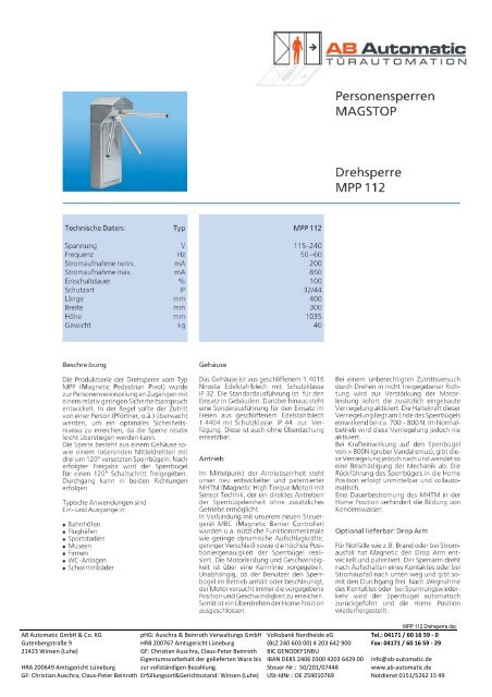 MPP 112 Drehsperre (PDF 0.60 MB) - AB Automatic Türautomation