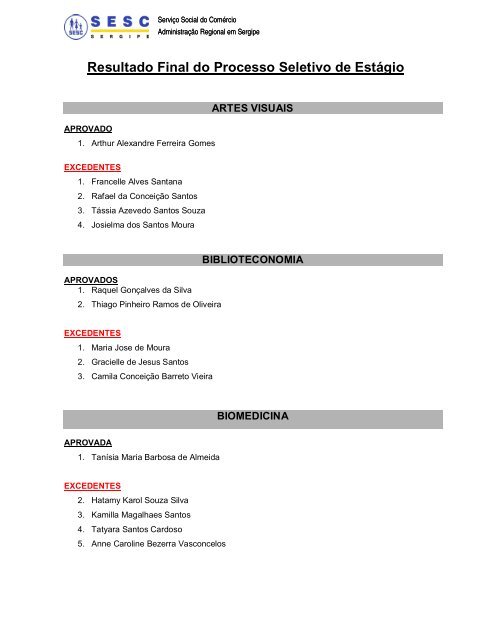 Resultado Final do Processo Seletivo de Estágio - SESC