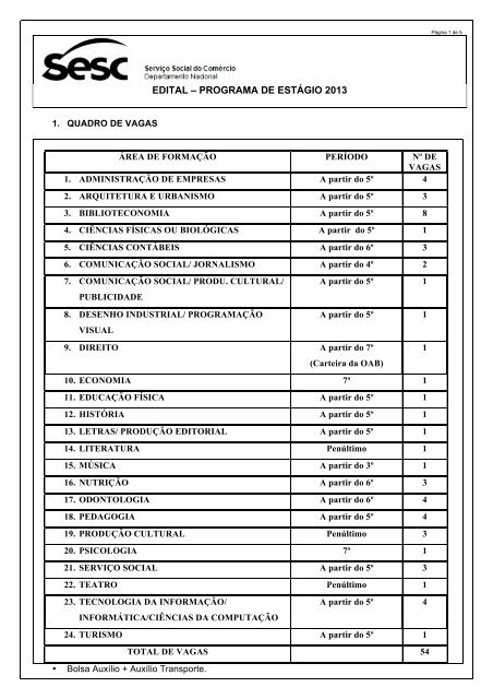 EDITAL – PROGRAMA DE ESTÁGIO 2013 - Sesc