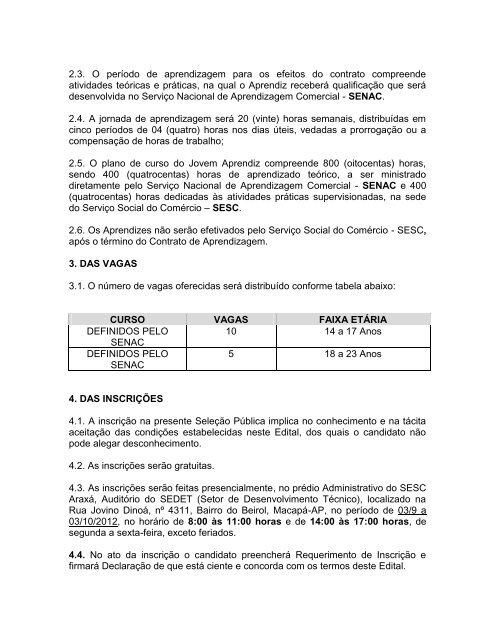 Edital Processo Seletivo para Aprendiz - Sesc Amapá