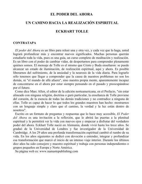 EL PODER DEL AHORA UN CAMINO HACIA LA REALIZACIÓN ESPIRITUAL ECKHART TOLLE