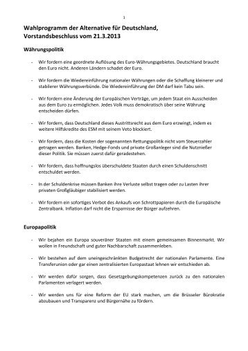 Wahlprogramm der Alternative für Deutschland, Vorstandsbeschluss vom 21.3.2013