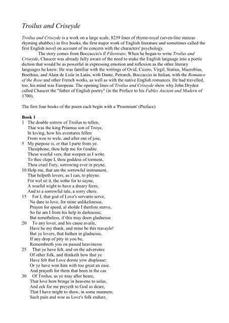 Chaucer: Troilus &amp; Criseyde Books 1-2 summary with extracts