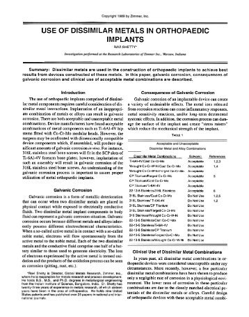use of dissimilar metals in orthopaedic implants - Zimmer