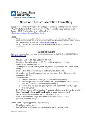 Notes on Thesis/Dissertation Formatting - Indiana State University