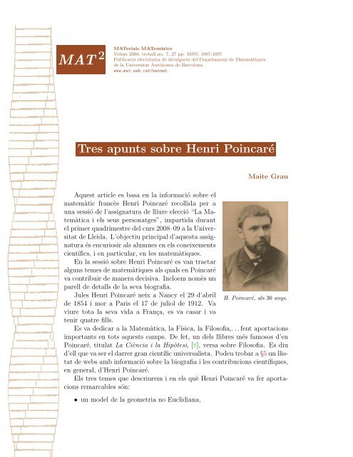 2 Tres apunts sobre Henri Poincaré - Departament de matemàtiques