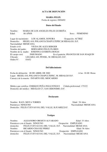 ACTA DE DEFUNCIÓN MARIA FELIX Fecha de registro: 09/04/02 ...