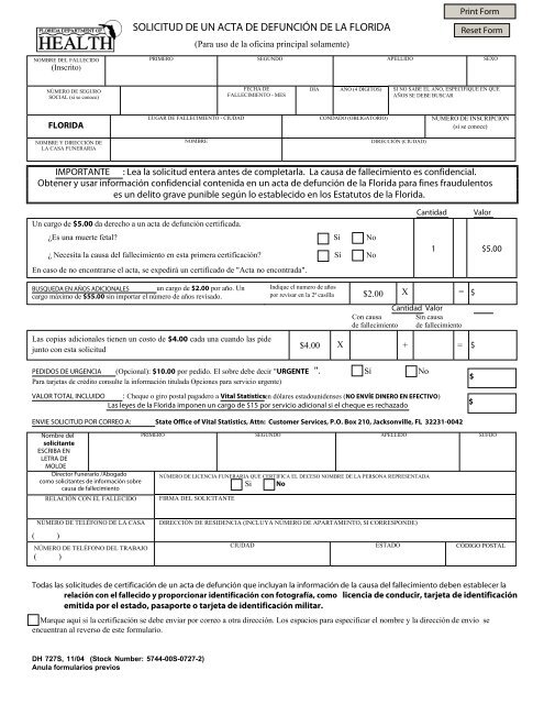 solicitud de un acta de defunción de la - Florida Department of Health