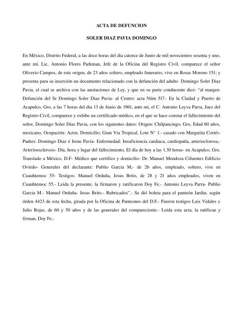 ACTA DE DEFUNCION SOLER DIAZ PAVIA DOMINGO En México ...