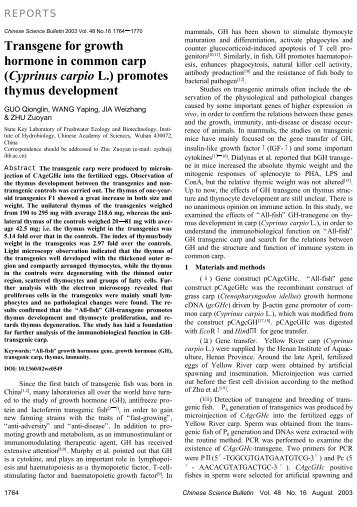 Transgene for growth hormone in common carp (Cyprinus carpio L ...