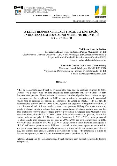 A Lei de Responsabilidade Fiscal e a Limitação da Despesa com ...