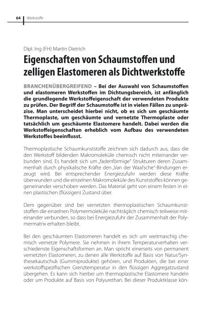 Eigenschaften von Schaumstoffen und zelligen Elastomeren als ...