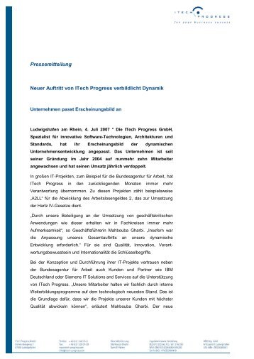 Pressemitteilung Neuer Auftritt von ITech Progress verbildlicht ...