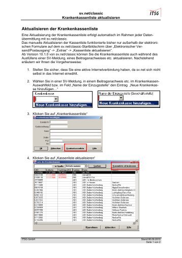 Aktualisieren der Krankenkassenliste - bei der ITSG GmbH