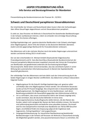 Schweiz und Deutschland paraphieren Steuerabkommen - Jasper ...