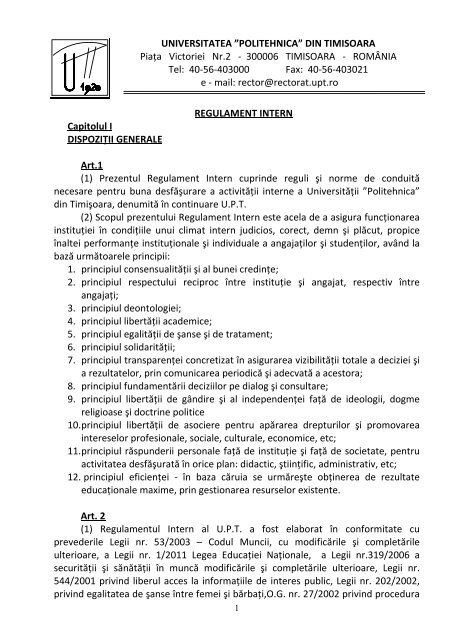 Regulament intern (Anexa nr.22 la Carta UPT) - Universitatea ...