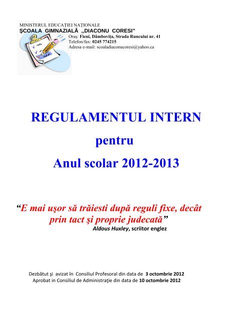 Regulament intern - Diaconu Coresi”- Fieni