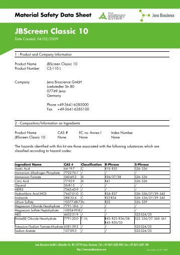 Material Safety Data Sheet JBScreen Classic 10 - Jena Bioscience