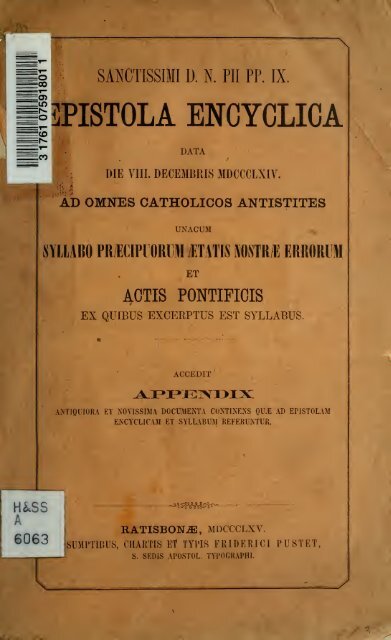 Sanctissimi dn pii pp. IX. Epistola Encyclica data die VIII ... - Libri  nostri