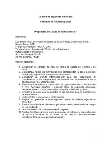 1 Cumbre de Seguridad Ambiental Adendum de los participantes ...