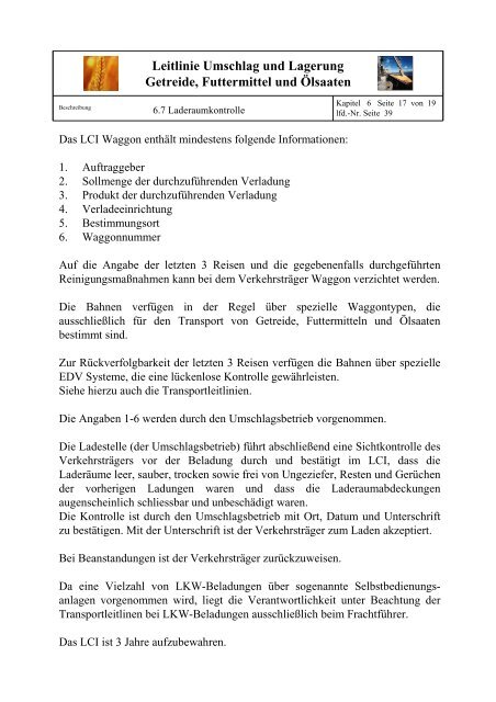 Leitlinie Umschlag und Lagerung Getreide, Futtermittel und Ölsaaten