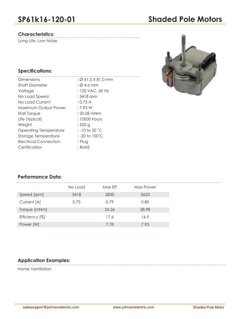 Shaded Pole Motors SP61k16-120-01 - Johnson Electric