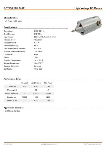 DC751(2)XLLG-011 High Voltage DC Motors - Johnson Motor