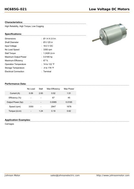 HC685G-021 Low Voltage DC Motors - Johnson Electric