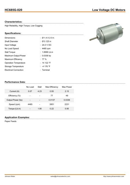 HC685G-020 Low Voltage DC Motors - Johnson Electric