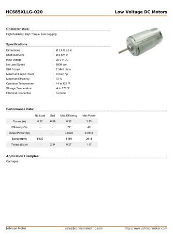 HC685XLLG-020 Low Voltage DC Motors - Johnson Electric