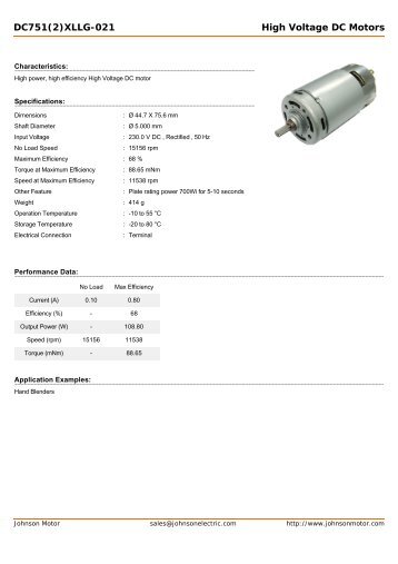 DC751(2)XLLG-021 High Voltage DC Motors - Johnson Motor