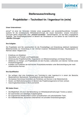 Stellenausschreibung Projektleiter â Techniker/-in ... - joimax GmbH