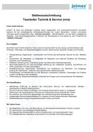 Stellenausschreibung Teamleiter Technik & Service ... - joimax GmbH
