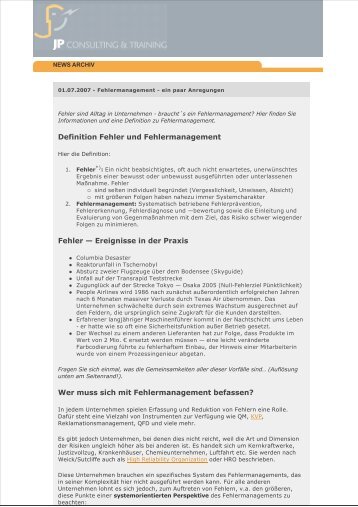 Definition Fehler und Fehlermanagement Fehler - JP Consulting ...