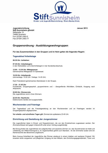 Gruppenordnung - Ausbildungswohngruppen - Stift Sunnisheim