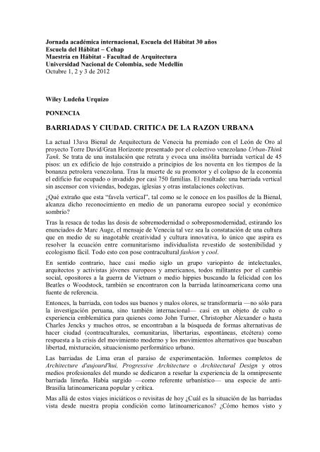 barriadas y ciudad. critica de la razon urbana - Universidad ...