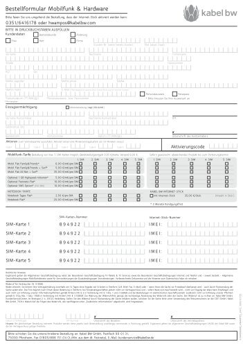 Bestellformular Mobilfunk & Hardware - Kabel BW