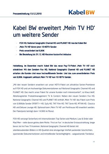 101213 Pressemitteilung Erweiterung Mein TV HD - Kabel BW