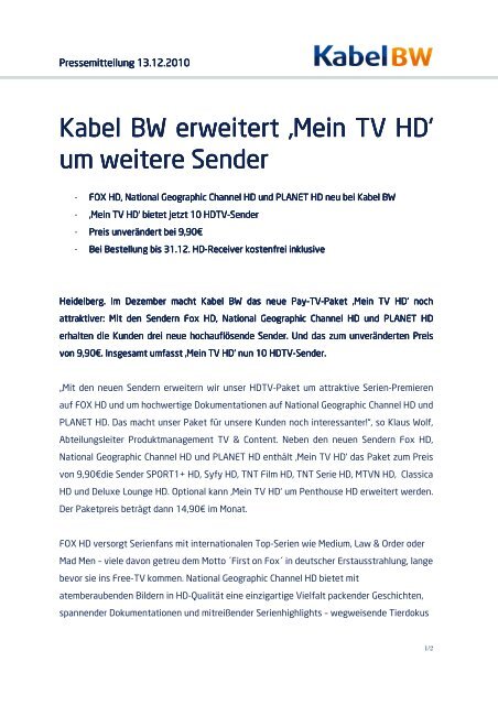 101213 Pressemitteilung Erweiterung Mein TV HD - Kabel BW