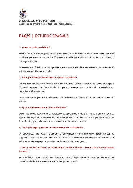 FAQ'S | ESTUDOS ERASMUS - UBI