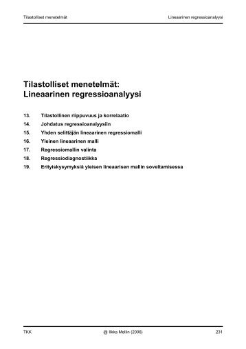 Tilastolliset menetelmät: Lineaarinen regressioanalyysi