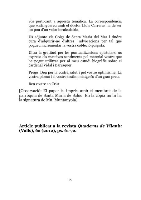 Epistolari entre el vallenc J. Miquel i l'espluguí Mn. R ... - Tinet